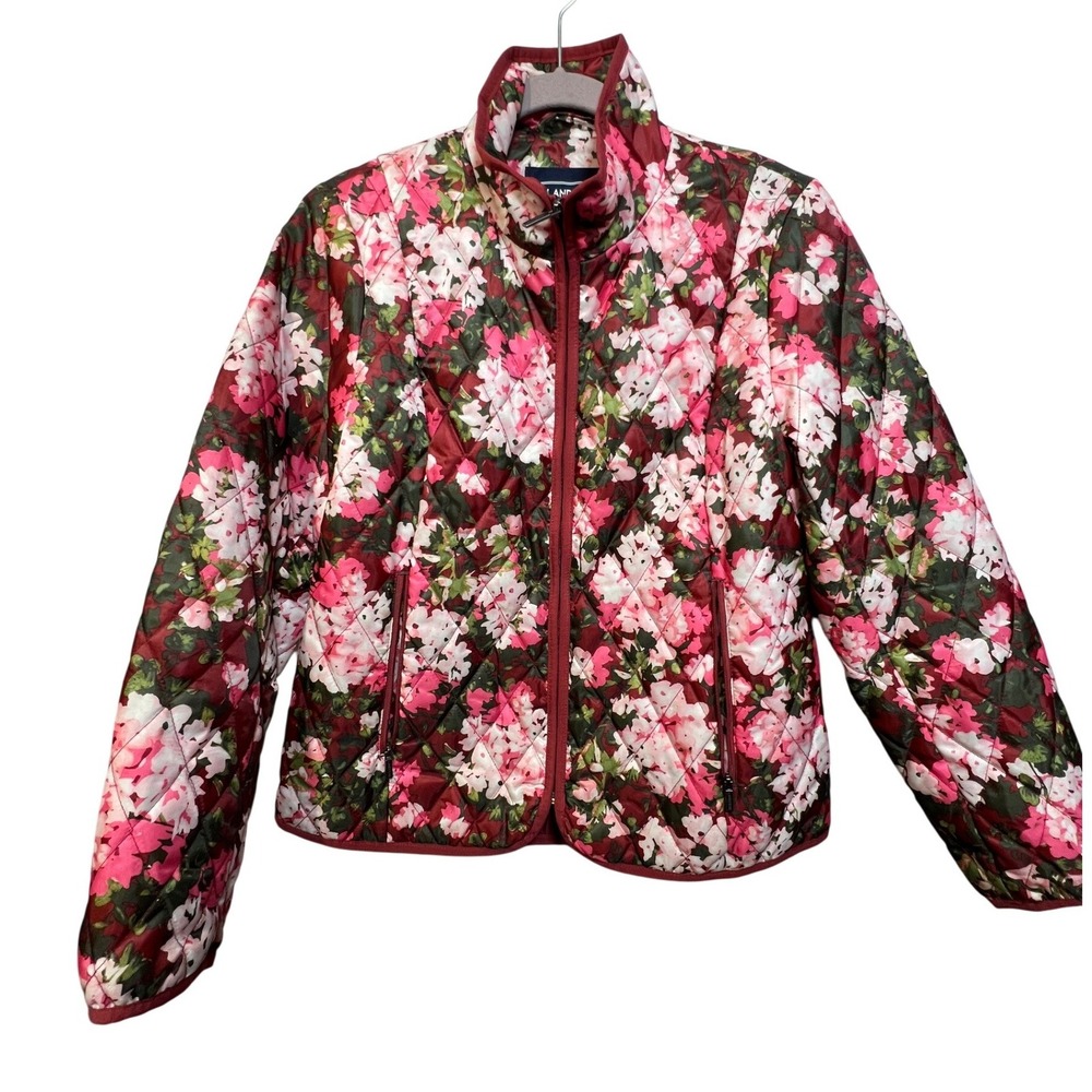 Lands End Womens Medium Petite Floral Quilted Primaloft Jacket Burgundy Pink Zip